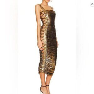 Metallic Gold Lace Up Midi Ruched Dress
